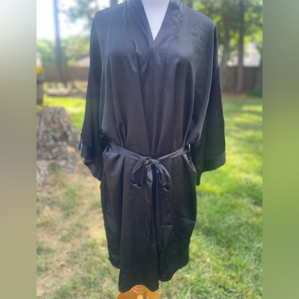 Black Satin Kimono Robe Loungewear Casual Beach Cover Up 3X Plus Size Fairy